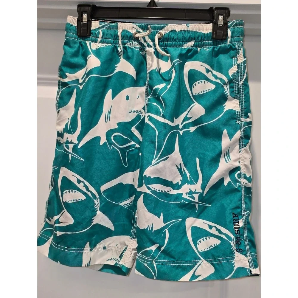 Gap Kids Boys XXL 14-16 Shark Print Swim Trunks Teal Green Board Shorts G86 Surf